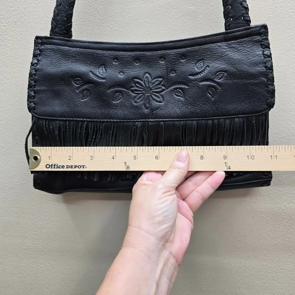 VTG Fossil Floral Tooled Leather Fringe Shoulder Bag Handbag Boho Western Black